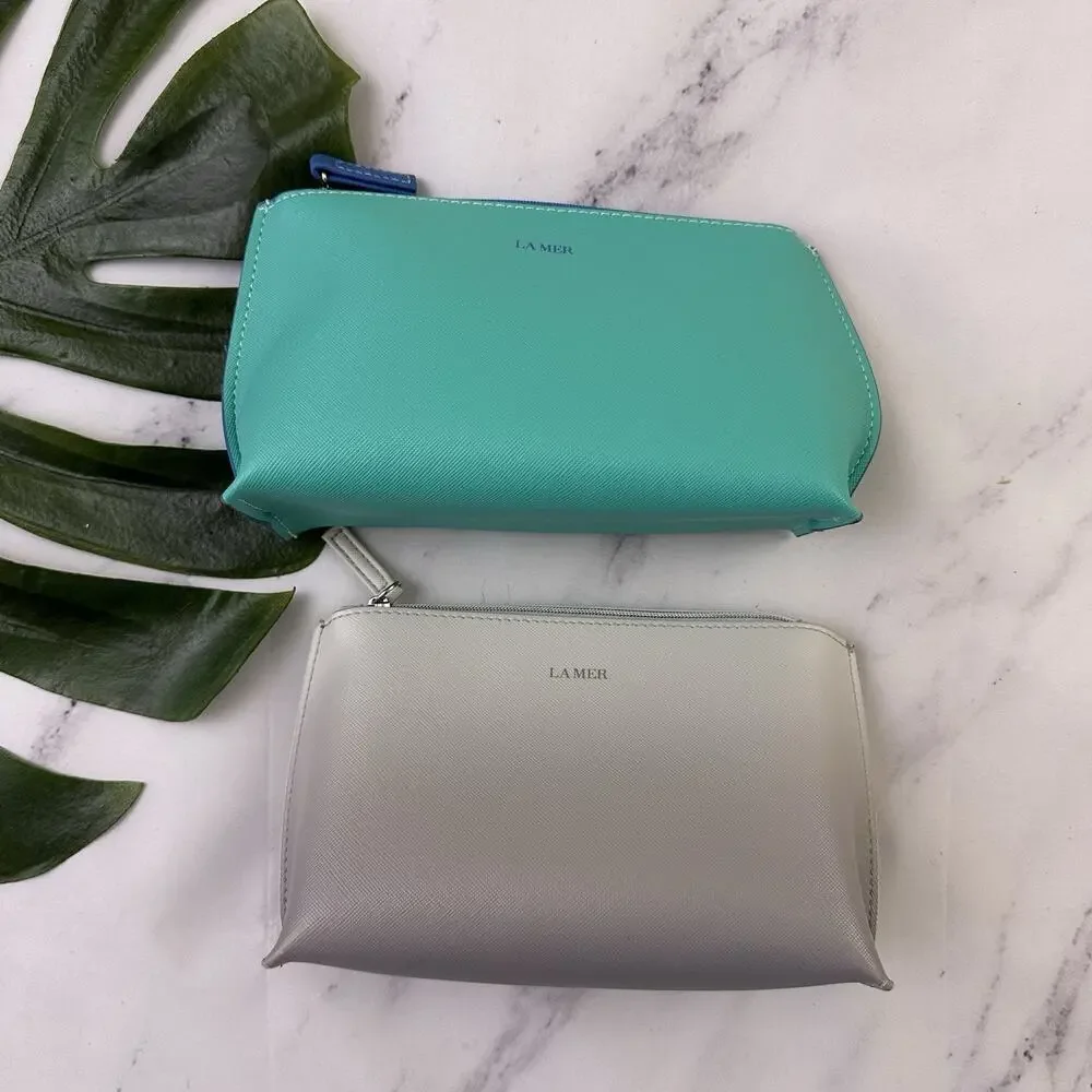La Mer Cosmetic Makeup Bag Lot of 2 Teal Blue Gray Saffiano Faux Leather Travel